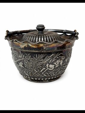Ornate Antique Victorian Floral & Animal Repoussé Silverplate Bowl with Lid